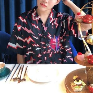 red lightning + pink heart printed button down / revere shirt